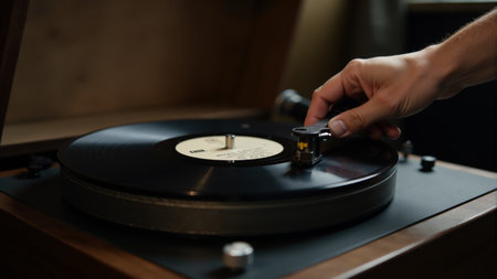 In a serene room filled with warm natural light, a hand gently lowers onto a spinning vinyl record. The soft sound of music fills the air, creating a nostalgic atmosphere perfect for relaxation.の素材