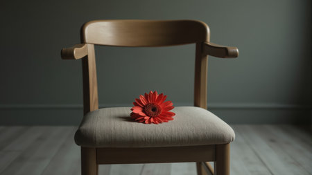 A vibrant red flower sits gracefully on a light-toned chair, illuminating the calm ambiance of the room. The soft lighting enhances the simplicity of the decor, inviting tranquility.の素材