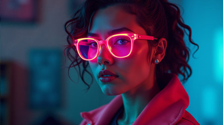 A young woman poses confidently with curly hair, showcasing bright neon glasses that illuminate her features.の素材