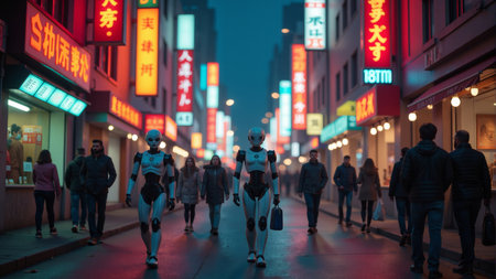 Beneath neon lights, two humanoid robots walk vibrant streets bustling with people, creating an energetic, futuristic atmosphere.の素材