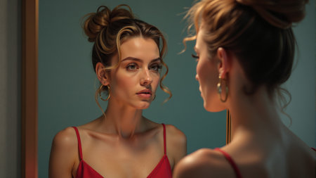 A woman stands in front of a mirror, admiring her elegant hairstyle and makeup in a vintage room. Soft lighting highlights her beauty, creating an enchanting atmosphere at dusk.の素材