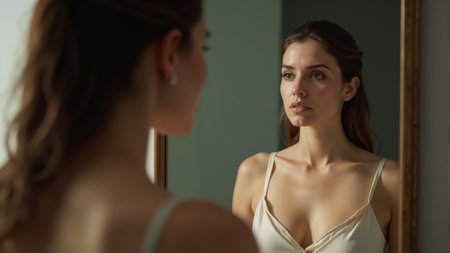 A young woman stands before a mirror, contemplating her thoughts as soft morning light filters into the room. Her expression is pensive, evoking a sense of introspection and calm.の素材