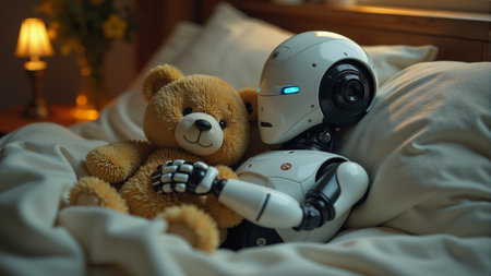 In a warm, softly lit bedroom, a humanoid robot gently holds a cuddly teddy bear, creating a serene atmosphere perfect for comfort and companionship. Sunlight filters through curtains.の素材