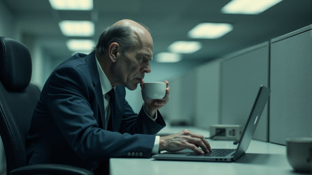 In a dimly lit office, a man in formal attire sips coffee while intently working on his laptop. Nearby colleagues remain engaged in quiet, creating a blend of focus conversations and camaraderie.の素材