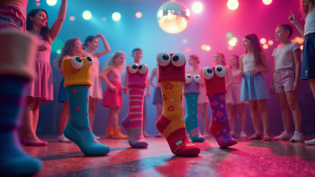In a lively party, playful socks with eyes hover above a crowd, creating a whimsical vibe. Colorful lights illuminate the joyful gathering, enhancing the festive spirit of the moment.の素材