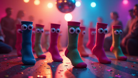 In a lively party, playful socks with eyes hover above a crowd, creating a whimsical vibe. Colorful lights illuminate the joyful gathering, enhancing the festive spirit of the moment.の素材