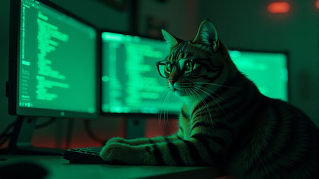 A striped cat wearing glasses intently on multiple glowing green computer screens, immersed in a world of coding. The atmosphere is techy and mysterious, perfect for nighttime creativity.の素材