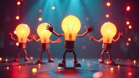 In a lively setting adorned with colorful lights, animated light bulbs with arms and legs joyfully dance, radiating happiness. The enchanting ambiance captivates the audience with warmth and energy.の素材