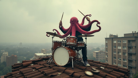 A vibrant octopus plays drums atop a building, surrounded by a city skyline shrouded in mist. This whimsical performance blends marine life with urban rhythm, captivating viewers below.の素材