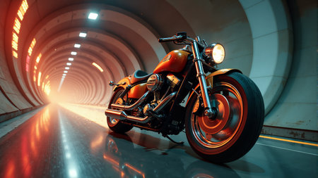 A sleek motorcycle races through a high-tech tunnel, its metallic body reflecting the bursts of orange light. The atmosphere is electric, evoking a sense of speed and adventure.の素材