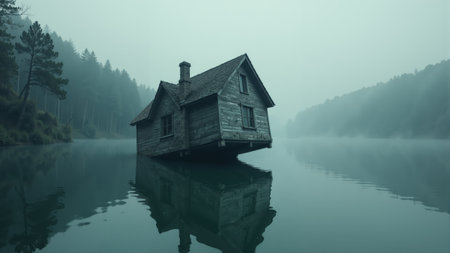 A solitary house stands on stilts over still water, enveloped in soft morning fog. Dark forested mountains form a dramatic backdrop as dawn breaks, casting an eerie tranquility.の素材