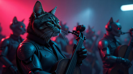 Cats dressed as musicians play instruments under neon lights in a lively urban setting at nightの素材