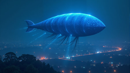 Giant luminescent fish glides silently over a sprawling cityscape at twilight, illuminating the urban night with a soft glowの素材