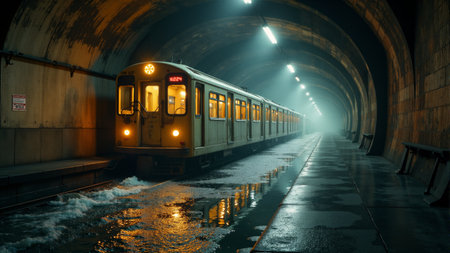 Mysterious subway train emerges from misty depths of abandoned tunnel at twilightの素材