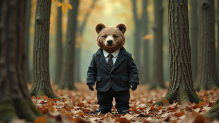 Adorable bear in a suit strolling through a serene autumn forest, captivating everyone in the enchanting landscapeの素材