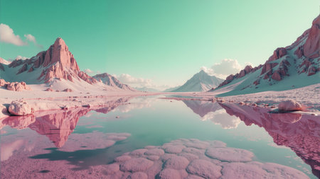 Stunning reflections in a surreal pink salt flat under a vibrant sky at sunsetの素材