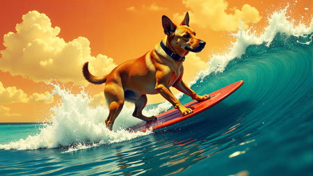 Dog expertly rides a vibrant wave at sunset with skillful grace and boundless energyの素材