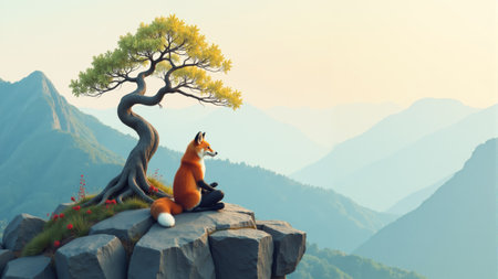 Majestic fox resting on a rocky ledge under a stylized pine tree in a serene mountainous landscape at sunsetの素材