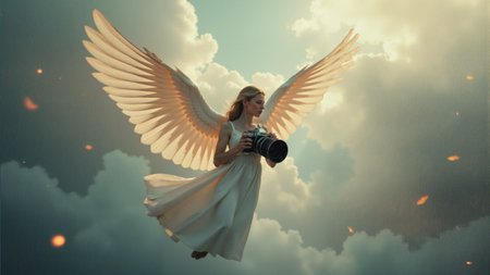 Ethereal being captures moments while soaring through clouds in a dreamlike atmosphere of golden light and swirling leavesの素材