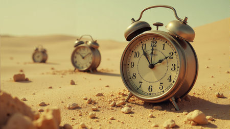 Surreal clocks melting into the golden sands of a distant desert landscape under a bright blue skyの素材