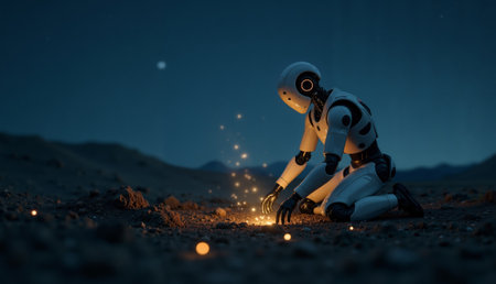Robotic figure interacting with luminous particles in a serene desert landscape during twilight hoursの素材