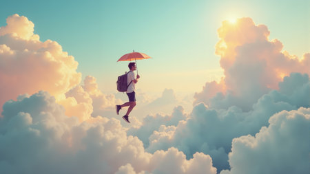 A young traveler glides through fluffy clouds while holding an umbrella, surrounded by warm hues of sunset. The atmosphere exudes a sense of wonder and imagination, captivating dreamers.の素材
