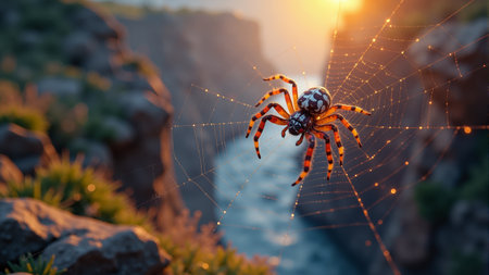A vibrant spider expertly crafts its web between rugged canyon walls, with sunlight illuminating the delicate silk threads, creating a mesmerizing display of nature's artistry.の素材