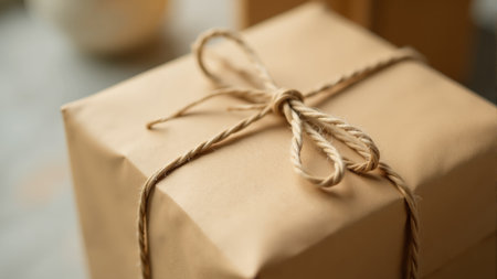 Neatly packaged in brown paper and tied with twine, the gifts rest on a weathered wooden table, exuding warmth and inviting curiosity about the treasures inside.の素材