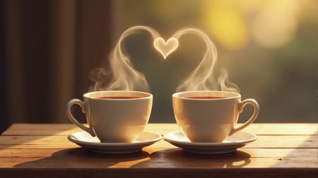 Warm steam rises from two elegant white cups placed on a wooden table, forming a heart shape in the gentle light of dawn. Nature surrounds them, enriching the intimate coffee moment.の素材