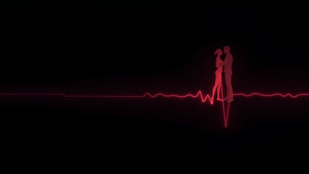 Silhouetted figures embrace amid a striking neon heartbeat line, representing deep emotional bonds and the essence of love connecting them. This artistic moment evokes passion and harmony.の素材