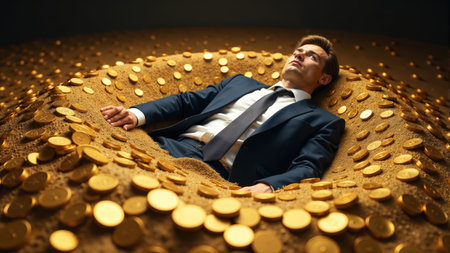 A prosperous businessman reclines in a hole filled with shimmering gold coins, eyes closed in a moment of bliss. The luxurious environment evokes a sense of opulence and riches, symbolizing success.の素材