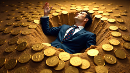 A prosperous businessman reclines in a hole filled with shimmering gold coins, eyes closed in a moment of bliss. The luxurious environment evokes a sense of opulence and riches, symbolizing success.の素材