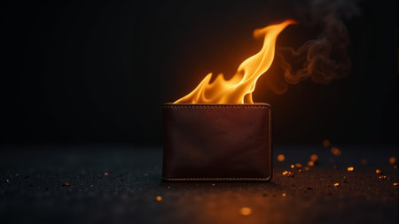 A brown leather wallet appears to be engulfed in vibrant flames, casting a fiery glow. The dark wooden surface enhances the dramatic contrast of fire, creating an intense atmosphere.の素材