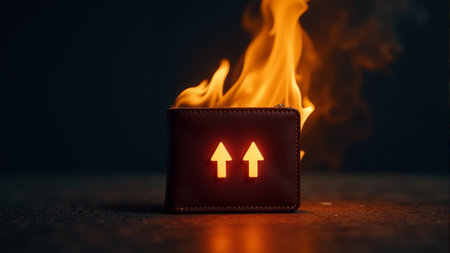 A brown leather wallet appears to be engulfed in vibrant flames, casting a fiery glow. The dark wooden surface enhances the dramatic contrast of fire, creating an intense atmosphere.の素材