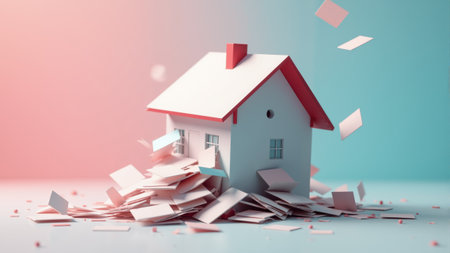 A whimsical paper model of a house stands at the center, surrounded by flying sheets of paper. The vibrant colors blend, creating a joyful atmosphere, as if inviting imagination and creativity.の素材