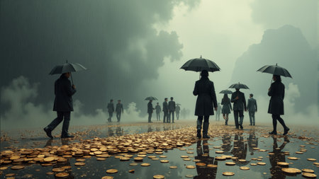 Two figures walk down a misty city street, holding umbrellas while navigating through pools reflecting scattered golden coins. Autumn leaves crunch underfoot amidst the subdued cityscape.の素材