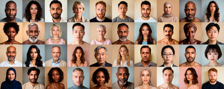 A tapestry of human emotion unfolds with a collection of diverse faces.の素材