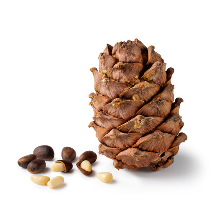 A pine cone rests elegantly beside several dark pine nuts, highlighting the intricate textures of...