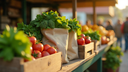 Vibrant colors illuminate a market stall filled with fresh vegetables and fruits, highlighting the local produce and lively community interactions during a warm sunset.の素材