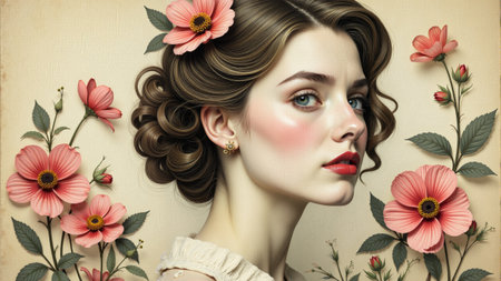 A graceful woman with a flower crown gazes thoughtfully, surrounded by colorful blooms. Her expression reflects tranquility and connection to nature, embodying the spirit of spring.の素材