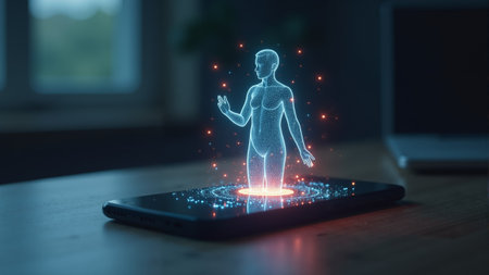 A striking hologram of a human silhouette rises from a smartphone placed on a table. The surrounding ambiance is dim, enhancing the ethereal glow of the holographic figure.の素材