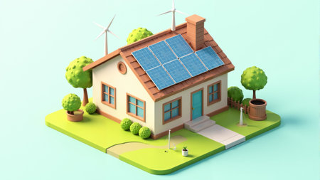 This unique house design showcases solar panels on the roof and wind turbines nearby, surrounded by vibrant trees and manicured gardens, highlighting sustainable living in a peaceful setting.の素材