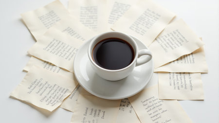 A warm cup of coffee sits elegantly on a saucer, surrounded by vintage handwritten notes. Soft light enhances the calm atmosphere, inviting relaxation and reflection on a peaceful afternoon.の素材
