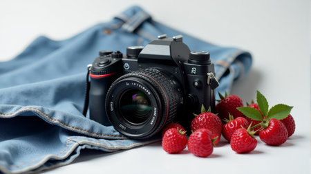 A stylish camera sits amidst an arrangement of fresh strawberries, blueberries, and raspberries on a light wooden table. Soft textiles add to the cozy atmosphere.の素材