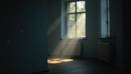 Soft rays of sunlight filter through a dusty window, casting gentle light on the wooden floor. An empty chair and a simple table add to the tranquil ambiance of the room, evoking peaceful solitude.の素材