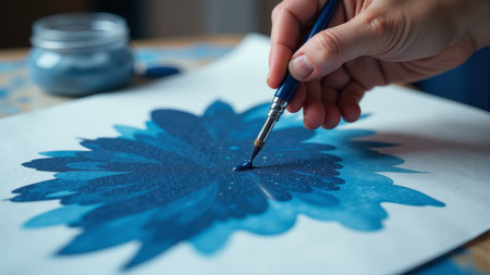 A hand delicately applies a brush to a canvas, crafting intricate patterns in varying shades of blue. The artist focuses intently, surrounded by artistic tools and a tranquil atmosphere.の素材