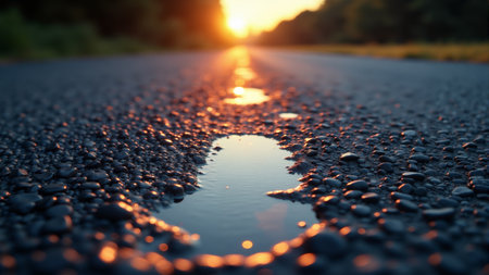 As the sun dips below the horizon, a winding road glimmers with reflections of orange and gold, framed by silhouettes of trees in the soft evening light.の素材