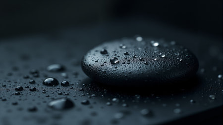A smooth black stone sits gently on a dark surface, covered in glistening water droplets that reflect the soft morning light. The tranquil atmosphere evokes a sense of calm and clarity.の素材