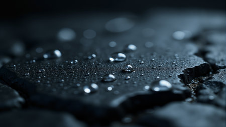 A smooth black stone sits gently on a dark surface, covered in glistening water droplets that reflect the soft morning light. The tranquil atmosphere evokes a sense of calm and clarity.の素材