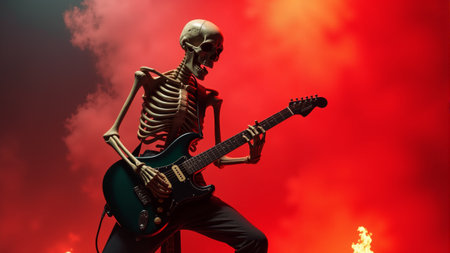 Under dramatic red lighting, a skeleton rocks out on stage, gripping an electric guitar and captivating the audience with its energetic performance during an electrifying concert.の素材